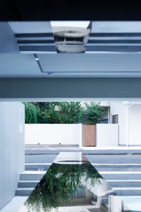 A modern exterior concrete fence with trees and a wooden gate reflected in a water feature.