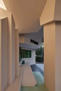 Modern interior design featuring concrete elements and artistic styling