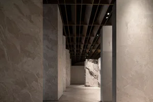 A modern architectural interior featuring marble walls and floors.