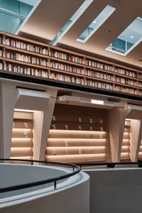 現代圖書館配有木製書櫃