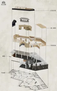 Cross-sectional architectural view of a modern library featuring wooden shelves, loft platforms, and support columns.
