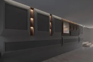A modern wall display system featuring metal and glass elements.
