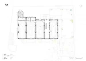 Floor plan of a modern office interior featuring concrete, wood, and glass elements.
