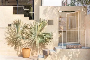 A modern, minimalist front entryway made of concrete with a geometric design and a large palm plant.