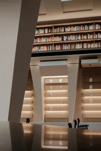 Modern library interior with wooden bookshelves filled with books.