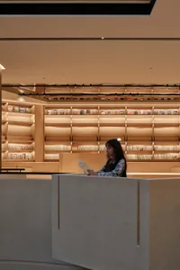 A modern library with wooden shelves and warm lighting, featuring a person engrossed in reading.