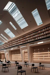 一張現代圖書館的圖像，擁有高挑天花板、天窗，以及擺滿書籍的書架，置於木質地板與黑色椅子
