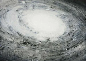 An abstract painting depicting a galaxy with a white center surrounded by swirling grey and black patterns.