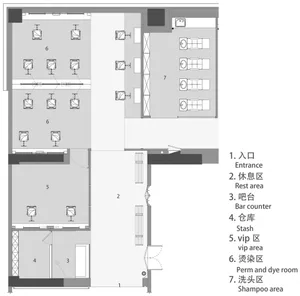 Floor plan of a modern hair salon showing the layout of different areas and sections.
