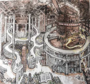 A bustling industrial marketplace with a large, concrete building and a spiral staircase.
