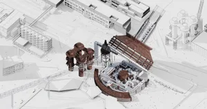 A 3D architectural plan of an industrial building featuring brick and steel materials.