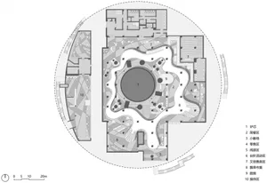 An industrial-style architectural floor plan depicting various functional zones within a building.