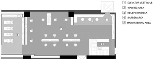 Floor plan of a barber shop with concrete flooring, waiting area, reception desk, barber area, and hair washing area.