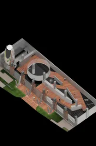 A 3D rendering of a modern exhibition space with wooden decks, glass walls, and concrete structures.