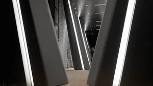 Modern interior design featuring a metallic pathway with geometric shapes.