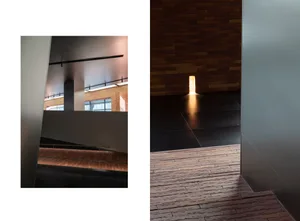 現代室內空間，採用木質地板與牆面搭配混凝土元素。