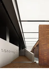 Modern lobby with brick and glass architectural design.
