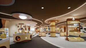Modern retail store with a neutral color scheme featuring a round counter, display shelves, and various retail items.