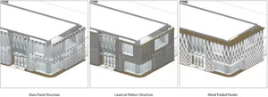 An architectural rendering showcasing a building exterior with a combination of metal and glass materials.