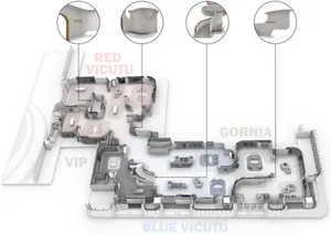A detailed 2D architectural drawing of a modern office space showcasing an open-plan layout with concrete flooring and variou