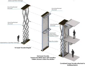 A staircase illustrated with a combination of metal and glass materials in a facade structure.