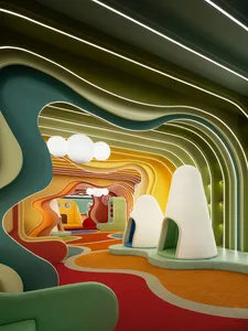 A colorful, modern playroom with soft textiles, foam, and plastic elements
