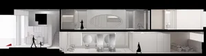 Minimalist commercial space with white walls and furniture, showing a modern and clean design.