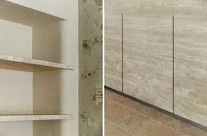 Modern minimalist shelving unit constructed from concrete blocks.