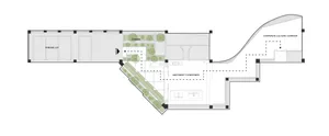Floor plan of corporate culture corridor with green circles indicating garden area and machinery furnishings.
