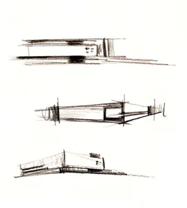 A sketch of a modern interior viewed from various angles showing architectural elements and design features.