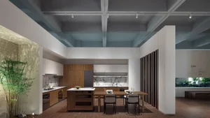 Modern kitchen featuring marble countertops and wooden cabinets