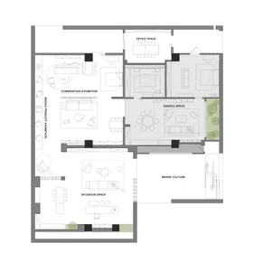A schematic floor plan of a modern office space with neutral-toned decor and functional zones.