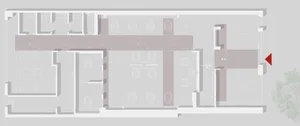 A detailed architectural plan of a modern office space with neutral color schemes.