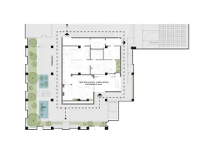 A modern residential floor plan showing a living space with a kitchen and bathroom.
