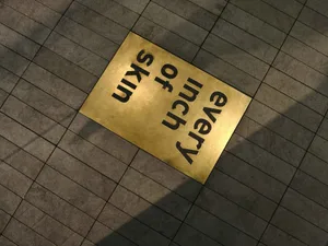 A metallic square with the words "Every Inch of Every Skin" on a tiled surface.