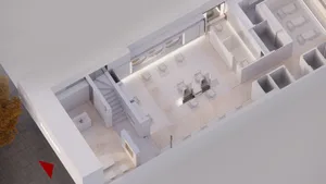 A 2D architectural drawing of a modern office interior with concrete walls, white furniture, and a central open space with ch