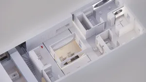A modern office layout with white walls and neutral colors.