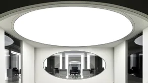 An interior design of a modern office space featuring glass walls and a sleek, contemporary design.