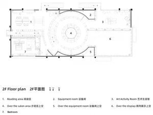 Floor plan of a community center with open spaces and multiple functional areas.