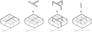 Step-by-step illustration of a construction process involving the replacement of partial beams with steel structures and the 