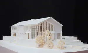 A 3D architectural model of a modern house with white polymer exterior materials and a minimalist design.