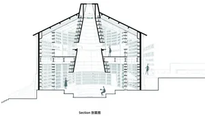 Cross-sectional view of a modern library with glass ceiling and concrete walls