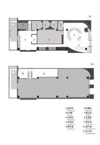 Floor plan of a modern office space with various functional zones and designated areas.