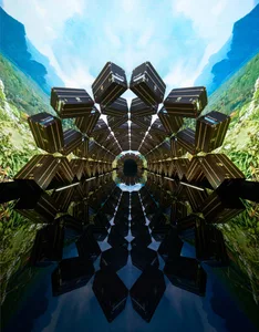 Abstract digital artwork with geometric shapes and symmetrical patterns.