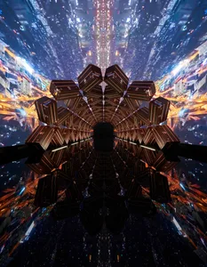 數位渲染的抽象無限隧道，帶有六角形狀與對稱圖案。