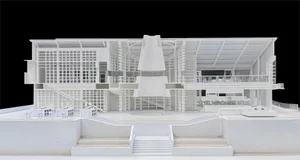 A modern white cafe interior rendered in 3D perspective.