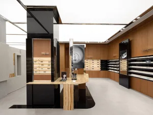 A modern retail space featuring wooden accents.