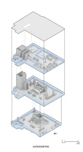 An isometric 3D rendering of an interior space featuring various furniture and architectural elements.