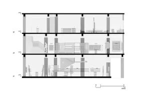 A 2D architectural drawing showcasing a modern interior design with prominent use of stone, glass, and concrete materials.