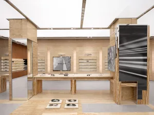 Modern retail display featuring marble and sleek, contemporary design.